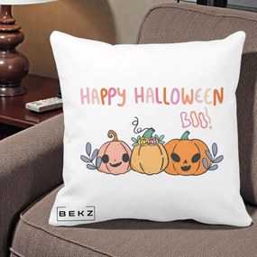 Perna Decorativa Happy Halloween Boo Trei Dovlecei Kawaii, 40x40 cm, Alba Mata, Husa Detasabila, Perna Inclusa, BEKZ®