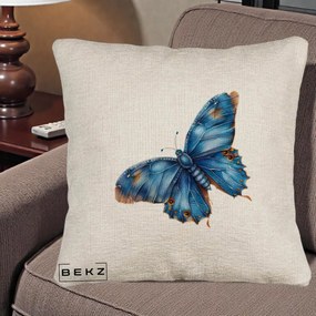 Perna Decorativa Fluture Albastru Satin cu Pete Aurii, 40x40 cm, Bej Canapea, Husa Detasabila, Perna Inclusa, BEKZ®