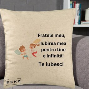 Cadou pentru Frate - Perna Personalizata Fratele Meu Te Iubesc Copii Batalie Perne, 40x40 cm, Bej, Husa Detasabila, Perna Inclusa, BEKZ®