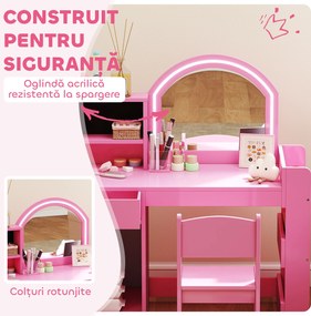 AIYAPLAY Set masă și scaun de machiaj pentru copii, cu lumini LED, MDF, Acril, 88.6 x 38.8 x 96.9, Roz | Aosom Romania