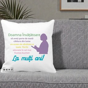 Cadou pentru Invatatoare - Perna Personalizata Doamna Invatatore La Multi Ani cu Silueta si Text Colorat, 40x40 cm, Alba Mata, Husa Detasabila, Perna Inclusa, BEKZ®