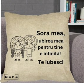 Cadou pentru Sora - Perna Personalizata Sora Mea Te Iubesc Copii Anime Line Art, 40x40 cm, Crem, Husa Detasabila, Perna Inclusa, BEKZ®