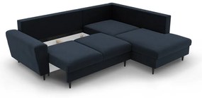 Colțar albastru închis extensibil, cu spațiu de depozitare cu tapițerie din catifea (cu colț pe partea dreaptă-în formă de ”L”) Kyoto – Cosmopolitan Design