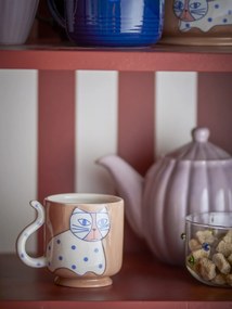 Set 4 căni din ceramică artizanală, multicolor, pictate manual cu pisici și buline, 8,5x9 cm, 325 ml, „Missy"