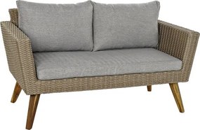Set lounge exterior din rattan sintetic și structură din lemn și oțel cu canapea, 2 fotolii, masă și perne, finisaj bej-gri, „Zahara