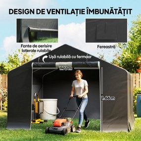 Outsunny Garaj Moto Exterior 3x3 m, Impermeabil, cu Ușă și Guri de Aerisire Rulabile, pentru Biciclete și Unelte, Gri Închis | Aosom Romania
