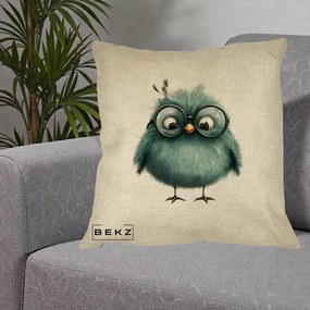 Perna Decorativa Pui Teal cu Ochelari Rotunzi, 40x40 cm, Crem, Husa Detasabila, Perna Inclusa, BEKZ®