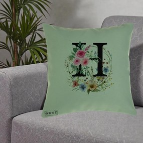 Cadou Personalizat - Perna Personalizata Monogram Litera H cu Flori Acuarela, 40x40 cm, Verde, Husa Detasabila, Perna Inclusa, BEKZ®
