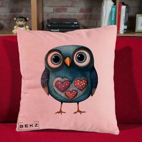 Perna Decorativa Bufnita Teal cu Doua Inimi, 40x40 cm, Roz, Husa Detasabila, Perna Inclusa, BEKZ®