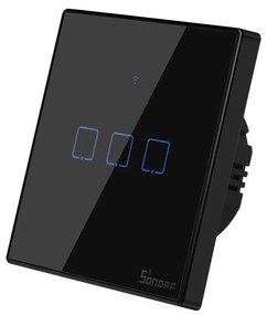 Intrerupator triplu smart, sticla securizata neagra, montaj in doza, compatibil Alexa si Google Assistant, Sonoff