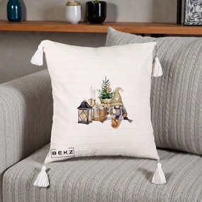 Perna Decorativa Gnom Scandinav cu Felinar, 40x40 cm, Bej cu Franjuri, Husa Detasabila, Perna Inclusa, BEKZ®