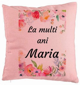 Perna Decorativa, Model La multi ani Maria 2, 40x40 cm, Roz, Husa Detasabila, Burduf