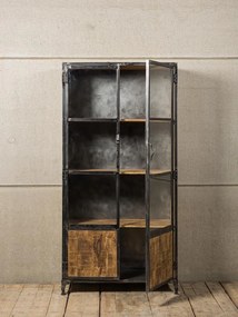 Vitrina din lemn de mango, metal si sticla, cu 2 usi, stil industrial, Revol