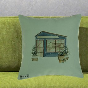 Perna Decorativa Casa de Iarna Watercolor, 40x40 cm, Verde, Husa Detasabila, Perna Inclusa, BEKZ®