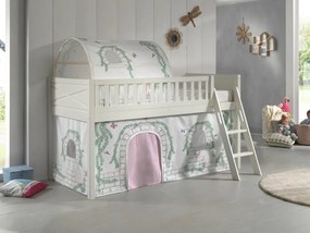 Set complet pat semi-supraetajat SCOTT pentru copii, alb, 90 x 200 cm, din pin scandinav masiv, cu scară, sertare + 3 buzunare depozitare + perdea de