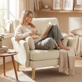 HOMCOM Fotoliu tapițat catifelat, scaun accent supradimensionat cu picioare din lemn, fotoliu pentru living și dormitor, alb crem | Aosom Romania