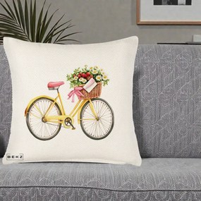 Perna Decorativa Bicicleta Galbena cu Cos de Flori Primavara, 40x40 cm, Crem Reliefat, Husa Detasabila, Perna Inclusa, BEKZ®