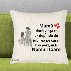 Cadou pentru Mama - Perna Personalizata Mama Nemuritoare Line Art, 40x40 cm, Crem Reliefat, Husa Detasabila, Perna Inclusa, BEKZ®