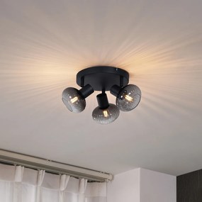 Spotlight modern pentru tavan negru cu sticlă fumuriu rotundă 3 lumini - Teddy