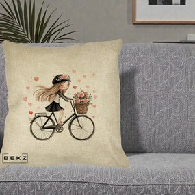 Perna Decorativa Fetita Kawaii pe Bicicleta cu Trandafiri si Inimioare, 40x40 cm, Crem, Husa Detasabila, Perna Inclusa, BEKZ®