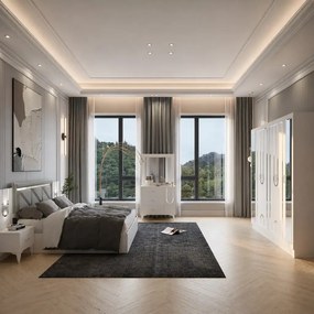 Dormitor Carolina, sifonier, comoda, noptiera, pat cu lada Homs, alb, 220x210x50 cm
