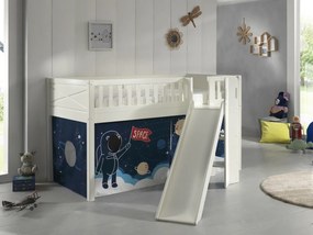 Pat pentru copii SCOTT, alb, 90 x 200 cm, din pin scandinav și MDF, cu scară frontală, glisieră și perdea de joacă SPACE SHUTTLE – Vipack