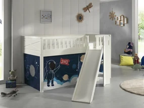 Pat pentru copii SCOTT, alb, 90 x 200 cm, din pin scandinav și MDF, cu scară frontală, glisieră și perdea de joacă SPACE SHUTTLE – Vipack