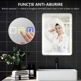 HOMCOM Oglindă de Baie Bluetooth LED 50 x 70 cm cu Anticeață - Argintiu | Aosom Romania