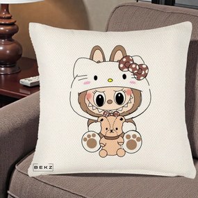 Perna Personalizata Labubu x Hello Kitty Maro-Vintage, 40x40 cm, Crem Reliefat, Husa Detasabila, Perna Inclusa, BEKZ®