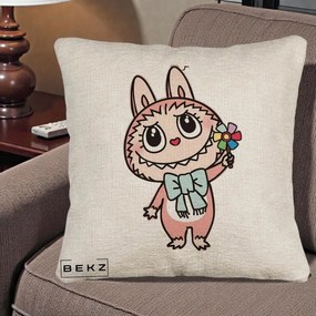 Perna Personalizata Labubu Roz cu Morisca, 40x40 cm, Bej Canapea, Husa Detasabila, Perna Inclusa, BEKZ®