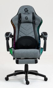 Scaun gaming, Masaj cu Role in perna lombara, Sistem iluminare banda LED RGB, Boxe Bluetooth, funcție șezlong, 90-155 grade, sezut benzi elastice sustinere, suport picioare, Textil, Gri/Negru