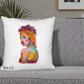 Perna Decorativa Portret Femeie Colorat Pop Art, 40x40 cm, Alb Pufos, Husa Detasabila, Perna Inclusa, BEKZ®