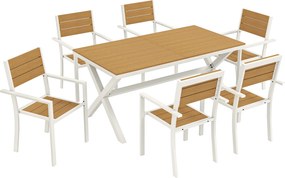 Outsunny Set Masă și Scaune de Grădină 7 Piese, Set Prânz Exterior din Aluminiu cu 6 Scaune Stivuibile, Masă cu Șipci Imitatie Lemn, pentru Terasă, Balcon, Patio, Teak | Aosom Romania