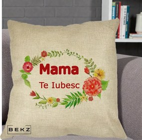 Cadou pentru Mama - Perna Personalizata Mama Te Iubesc Flori Rosii, 40x40 cm, Crem, Husa Detasabila, Perna Inclusa, BEKZ®