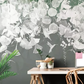 Tapet frunze gri-verzui cu colibri