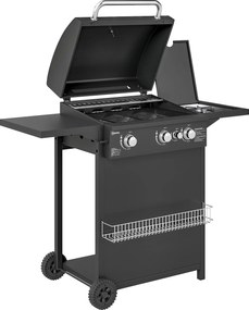 Outsunny Grătar pe Gaz cu Arzătoare Independente 3+1, Capac, Termometru și Măsuță Laterală, 123x57x98 cm, Negru | Aosom Romania