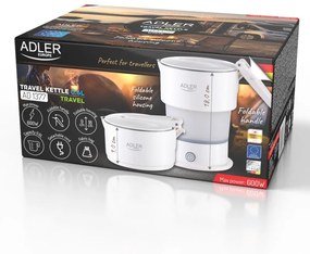 Fierbator pentru calatorii Adler AD 1377, 600W, 0.6 L, Corp din silicon pliabil, Protectie la supraincalzire, Indicator luminos, Alb