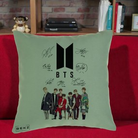 Perna Personalizata K-pop BTS Semnaturi Foto, 40x40 cm, Verde, Husa Detasabila, Perna Inclusa, BEKZ®