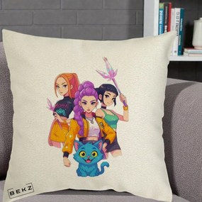 Perna Personalizata K-pop HUNTRX Trio cu Pisica si Cristale, 40x40 cm, Ecru, Husa Detasabila, Perna Inclusa, BEKZ®