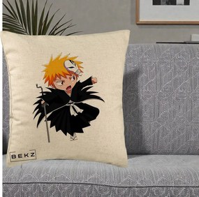 Perna Personalizata Bleach Ichigo Chibi cu Masca, 40x40 cm, Bej, Husa Detasabila, Perna Inclusa, BEKZ®