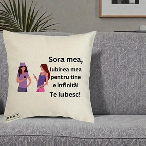 Cadou pentru Sora - Perna Personalizata Sora Mea Te Iubesc Doua Fete cu Telefoane, 40x40 cm, Ecru, Husa Detasabila, Perna Inclusa, BEKZ®