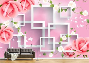 Tapet Premium Canvas - Trandafirii roz si chenarele albe 3d abstract