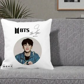 Perna Personalizata K-pop BTS Jimin Portret Cerc Autograf Geaca, 40x40 cm, Alba Mata, Husa Detasabila, Perna Inclusa, BEKZ®