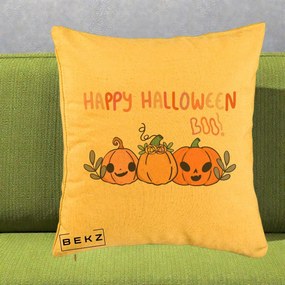 Perna Decorativa Happy Halloween Boo Trei Dovlecei Kawaii, 40x40 cm, Galben, Husa Detasabila, Perna Inclusa, BEKZ®