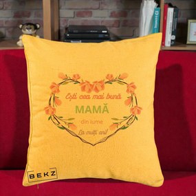 Cadou pentru Mama - Perna Personalizata Esti Cea mai Buna Mama din Lume La Multi Ani cu Inima Florala, 40x40 cm, Galben, Husa Detasabila, Perna Inclusa, BEKZ®