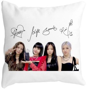 Perna Decorativa Patrata Blackpink K-POP semnaturi, 40x40 cm, Alba, Mata, Husa Detasabila, Burduf