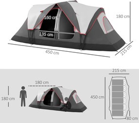 Outsunny Cort de Camping pentru 6-8 Persoane cu 2 Camere Separate și Uși cu Fermoar, 450x215x180 cm, Gri | Aosom Romania