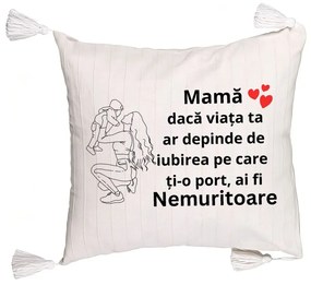 Perna Decorativa cu Franjuri, Model pentru Mama 10, 45x45 cm, Ecru, Cu fermoar