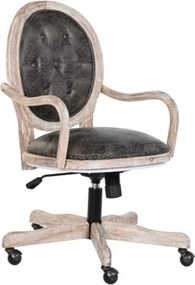 Scaun de birou capitonat rotativ din lemn și piele ecologică, negru, cu cadru alb antichizat, cu roți, reglabil, basculant, 88 x 52 x 50 cm, „Régent”