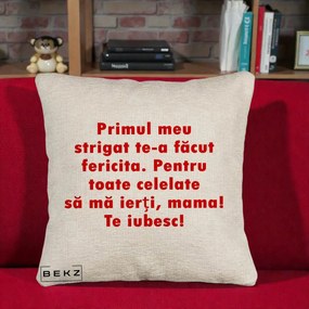 Cadou pentru Mama - Perna Personalizata Primul Strigat Mama, 40x40 cm, Bej Canapea, Husa Detasabila, Perna Inclusa, BEKZ®